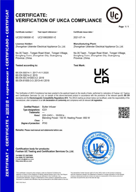 UKCA - Zhongshan Ublender Electrical Appliance Co., Ltd.