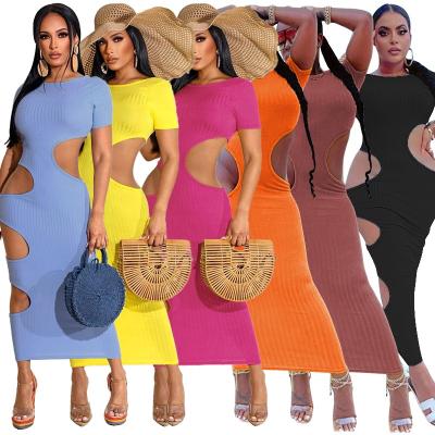 China Anti-static women summer dresses short sleeve knit sexy hole club dresses for plus size women solid color bodycon cut dress maxi for sale