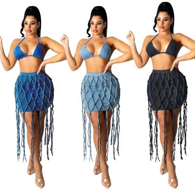 China Anti-Static The Latest Women Denim Jeans Women Tassel Set Sexy Two-piece Jean Skirt Women Denim Halter Crop Top Skirt Sets For Women for sale