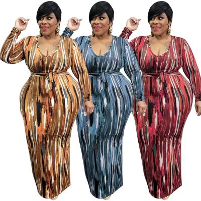 China Women's Breathable Dresses With Bodycon Butt Stretch Sexy Spandex Dress Plus Size Wear 2xl To 5xl Long Dress Stripe Print for sale