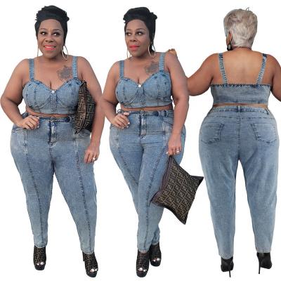 China Breathable Two Piece Crop Latest Denim Vest Top Pencil Pants Light Blue Denim Set Plus Size Jeans Set Denim Outfits For Women 5XL for sale