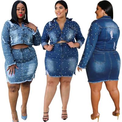 China Breathable plus size jeans skirt for ladies ripped denim jacket two piece denim skirt set beading two piece denim skirt set for fat women for sale