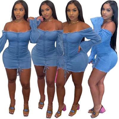 China 2020 breathable blue denim dress sexy off-shoulder flared sleeves drawstring pleated skinny denim dress for women for sale