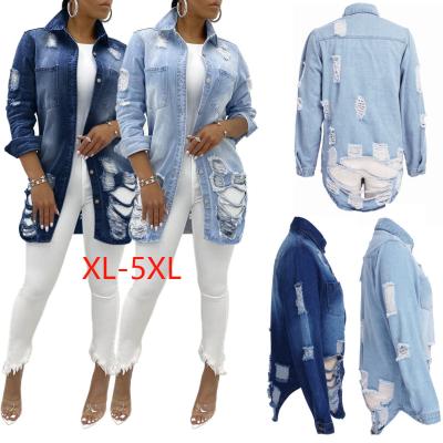 China Wholesale Breathable Denim Shirt Jacket Fashion Loose Ripped Trend Plus Size 5XL Ripped Cowboy Denim Coat Ladies Autumn for sale