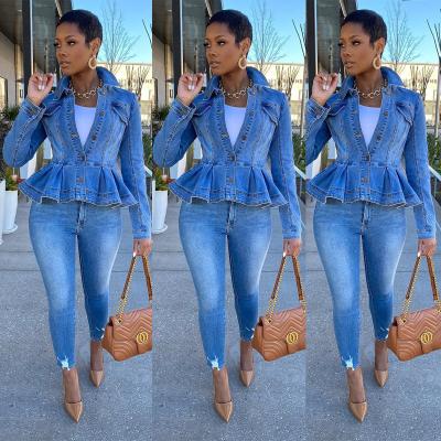 China Wholesale Breathable Blue Long Sleeve Denim Peplum Jacket With Ruffle Edge Slim Fit Retro Casual Denim Jacket For Women Winter 2020 for sale