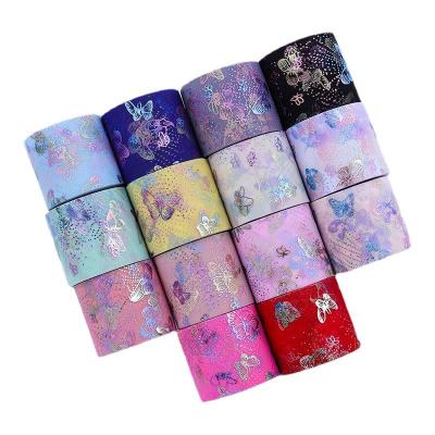 China RTS 6cm Shrink-Resistant Butterfly Printed 25yard Tulle Rolls Baby Colors For DIY Fabric Ribbon Roll for sale