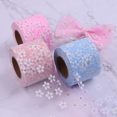 China Home Textile Tulle Fabric Shrink-Resistant Flocking Flower Tulle Rolls 10cm Width 25yard Baby Tulle Ribbon Rolls for sale