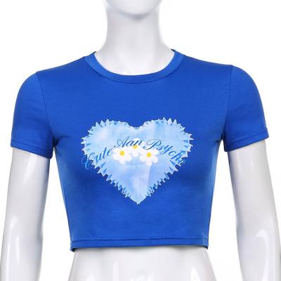 Chine T-shirt de femme à manches courtes en gros en coton bleu avec imprimé de dessins animés à vendre