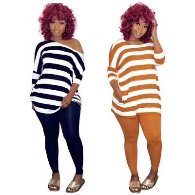 China 2021 Anti-UV Casual 2 Piece Set Stripe Leisure Off Shoulder Set Top And Pant Set Running Jogging Outfits for sale