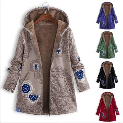 China 2020 impermeable estilo étnico moda abrigo de lana de bolsillo con capucha imprimido chaqueta mujer invierno en venta