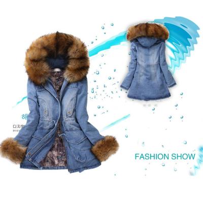 China Fashion thick cotton-padded fur collar denim jacket winter hooded jeans waterproof coat women for sale