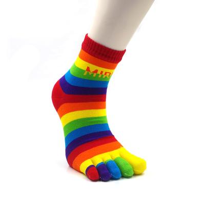 China Antibacterial Funny Combed Cotton Colorful Rainbow Striped Womens Split Toe Five Finger Socks for sale