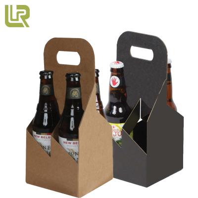 China Recyclable Foldable Black Paper Plain Packaging Four Bottle Cardboard Beer Bottle Boxes With Die Cut Handle for sale