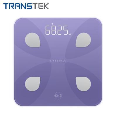 China Water Content Measuring TRANSTEK Around Design Smart LED Display Person Digital NFC Corner And Bathroom Wireless Fat Weighting Boady Scale for sale