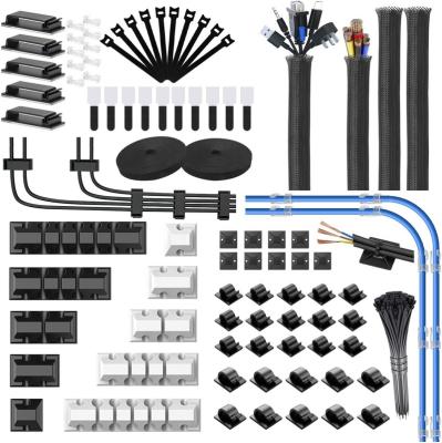 China 186Pcs Cable Wire Organizer Include Cable Sleeves Cord Holder Tie Ties Zip Tie Wall Adhesive Cable Clip For TV Desktop Office Car Cable Management Kit for sale