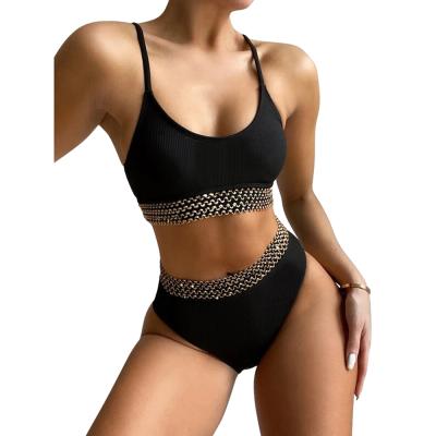 China New Arrivals TWA045 Breathable Gold Glitter Ribbed Breathable Fabric Waist Spaghetti Tie Up Beach Wear Bikini Tops for sale