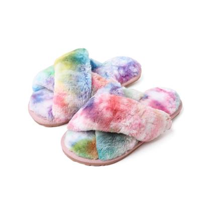 China Custom Designer Fashion Trend Tie Dye and Leopard Print Vegan Faux Fur Slipper Woman for sale