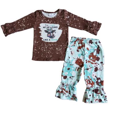 China Autumn Winter Children's Brown and Blue Long Sleeve Casual Cow Print Clothing Top Pants Suits Children's Clothing for sale