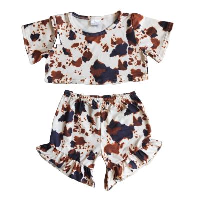 China New Arrivals Summer Casual Babies Boutique Cash Cow Pattern Short Top Ruffles Shorts Set Outfits for sale