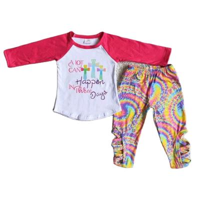 China Vintage Easter Fashion Babies Festival Outfits Long Sleeve Hot Pink Tie Dye Cross Top Legging Pants for sale