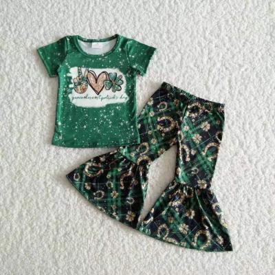 China Holiday Baby's St. Patrick's Day Outfit Green Bleached Shirt Bells Pants Set Outfits For Spring for sale