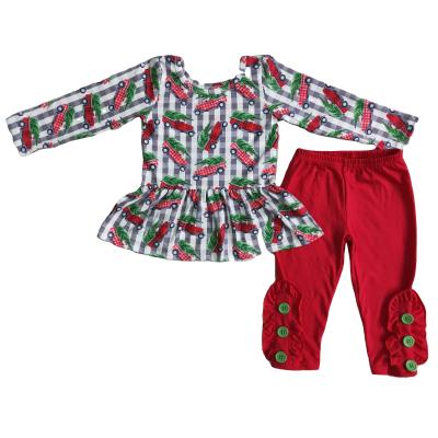 China Casual Car Printing Xmas Christmas Winter Autumn Long Sleeve Tunic And Red Pants Suit Children's Clothing for sale