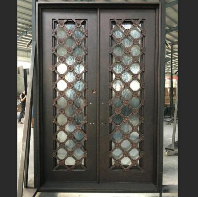 China Swing hand forged wrought iron entry door with tempered glass window for sale