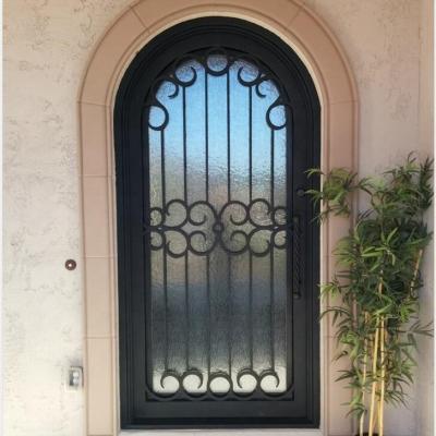 China Swing Arch Matte Black Finish Hand Forged Wrought Iron Gate Single Top Security Door With Openable Window And Screen for sale