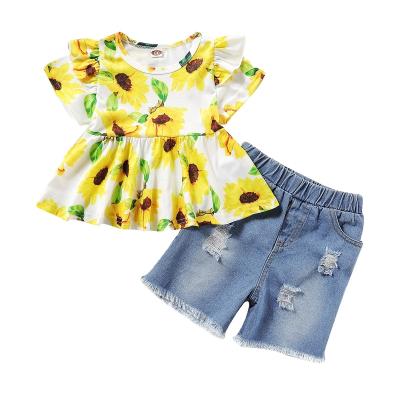 China Factory Old News Lolita Style Girls Clothing Sets Toddler Girls Jeans Shorts Denim Hole Print Flower Short Sleeve Costume for sale