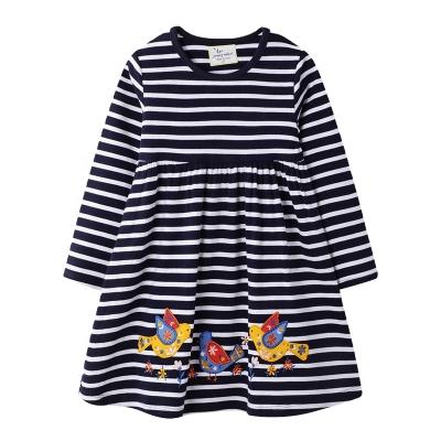 China Breathable High Quality Cotton Long Sleeve Layered Dress Cartoon Birds Black White Striped Sweater Dress For Toddler Girls Kids for sale