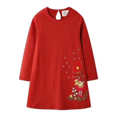 China Wholesale Toddler Girls Breathable Cotton Clothes Cartoon Flower Embroidered Red Casual Dress Long Sleeve Princess Skirt for sale