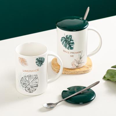 China RTS Viable Nordic Style Originality Milk Coffee Leaf Mug With Spoon Ins Customized Lovers Gift Handmade Ceramic Mugs With Cover for sale