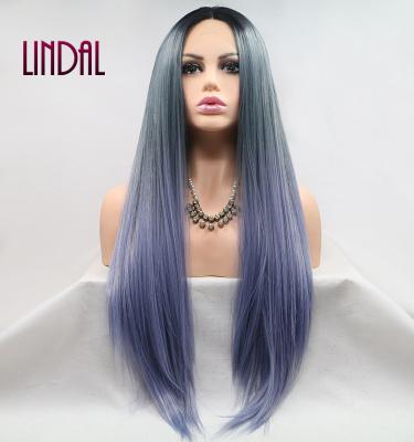 China Other LINDAL Wigs Ombre Long Lace Wig 13x3 Straight Blue Synthetic Lace Front Synthetic Lace Wig for sale