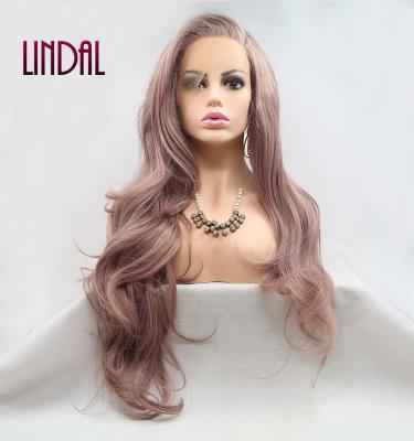 China Other LINDAL Human Hair Lace Front Wigs 24inches Synthetic Pink Natural Wave Wigs Heat Resistant Synthetic Wigs for sale