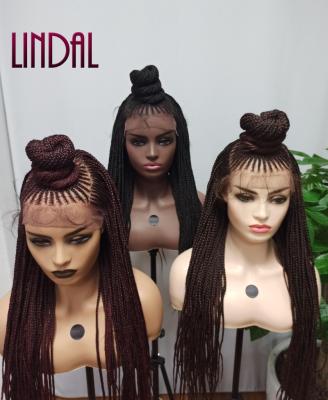 China Wholesale LINDAL Swiss Lace Synthetic Braided Wigs 1B#, 1/99j#, 1/30# Lace Front Braided Wigs Bun Braided Synthetic Hair Wigs for sale