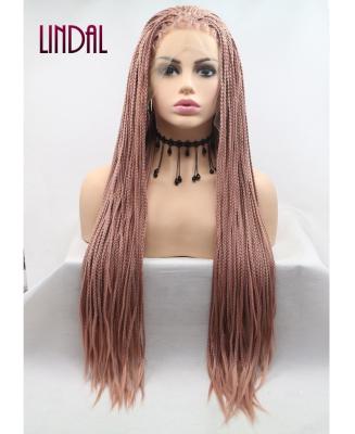 China LINDAL braided wig box lace front wig women's long 13x3 braided synthetic pink braided lace front wig for sale