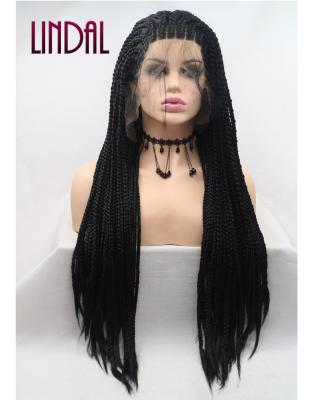 China 13x3 Fiber Braided Knotless Synthetic Heat Resistant Full Lace Wigs LINDAL Braided Synthetic Wig for sale