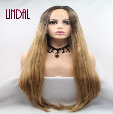 China Other Cheap Synthetic LINDAL Wigs Ombre Frontal Brown Root Black Synthetic Hair Mix Wigs For Women for sale