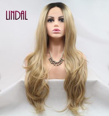 China Other LINDAL ombre fiber wig body wave 1b/brown color lace front wig synthetic heat resistant hair for sale