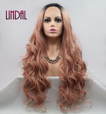 China LINDAL ombre wig 24inches deep wave synthetic wig pink synthetic wig Other wave front wig preplucked baby hair hd lace for sale