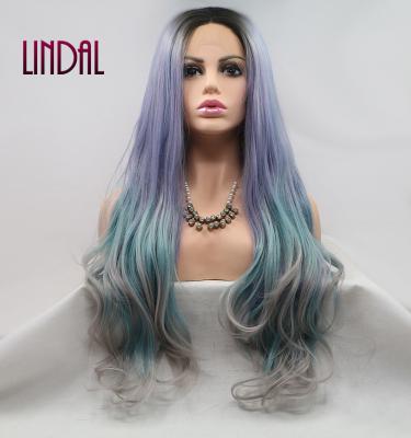 China Other LINDAL Wig Multi Color Semi Human Synthetic Wig Rainbow Blue Wavy Synthetic Wigs Light Long for sale