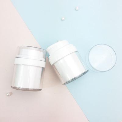 China New Luxury Airless Small Capacity White Lotion Bottle 30g/50g Bottle Pump Round Empty Cosmetic Packaging Container for sale