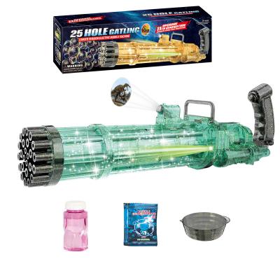 China PP New Product 25 Holes Electric Automatic Gatling Bubble Gun Can Projection With Lights Transparent Bubble Gun Outdoor Toys for sale