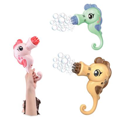 China ASB Plastic Handheld Cartoon Modeling Bubble Toy Kids Summer To Play 9 Plugs Solid Color Electric Seahorse Bubble Machine for sale