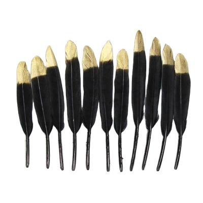 China Wholesale Decoration 4-6 Inch (10-15 cm) DIY Black Tip Gold Tipped Goose Feathers With Crimp Cap For Gifts Package for sale