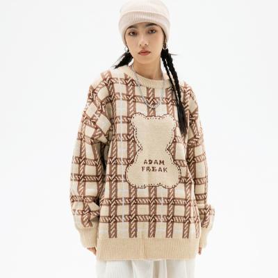 China 2021 Retro Anti-wrinkle Ladies Lattice Bear Sweaters Cute Custom Jacquard Knitted Sweaters Women Tops for sale