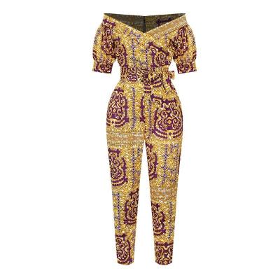 China Hot Sale QUICK DRY African Bodycon Overalls Short Sleeve With Belt African Print Women Overalls for sale