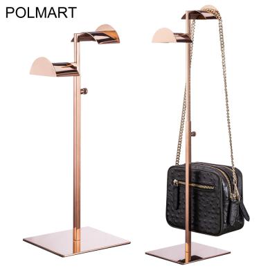 China Gold Super Exquisite Metal Adjustable Shop Bag Mall Handbag Holder Rack Display Holder Bag Hanger For Retail Store for sale