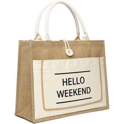 China Wholesale Durable Gift Handled Bags Custom Printing Shopping Logo Large Eco Jute Canvas Tote Beach Bag for sale