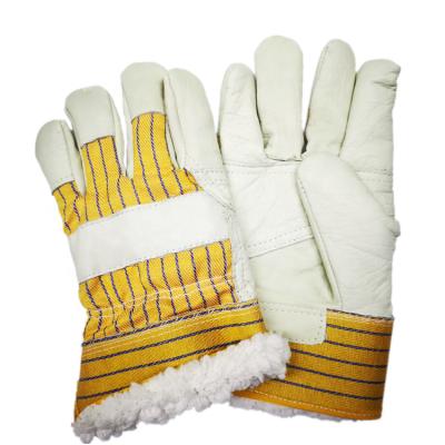 China Construction Builder Rigger Striped Canvas Weld Back Full Fleece Striped Goatskin Deerskin Sheepskin Winter Work Leather Gloves for sale